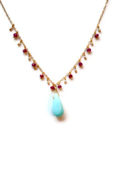 Blue Opal Necklace, Mixed Gemstones with Rubies and Pearls, Delicate Gold Chain