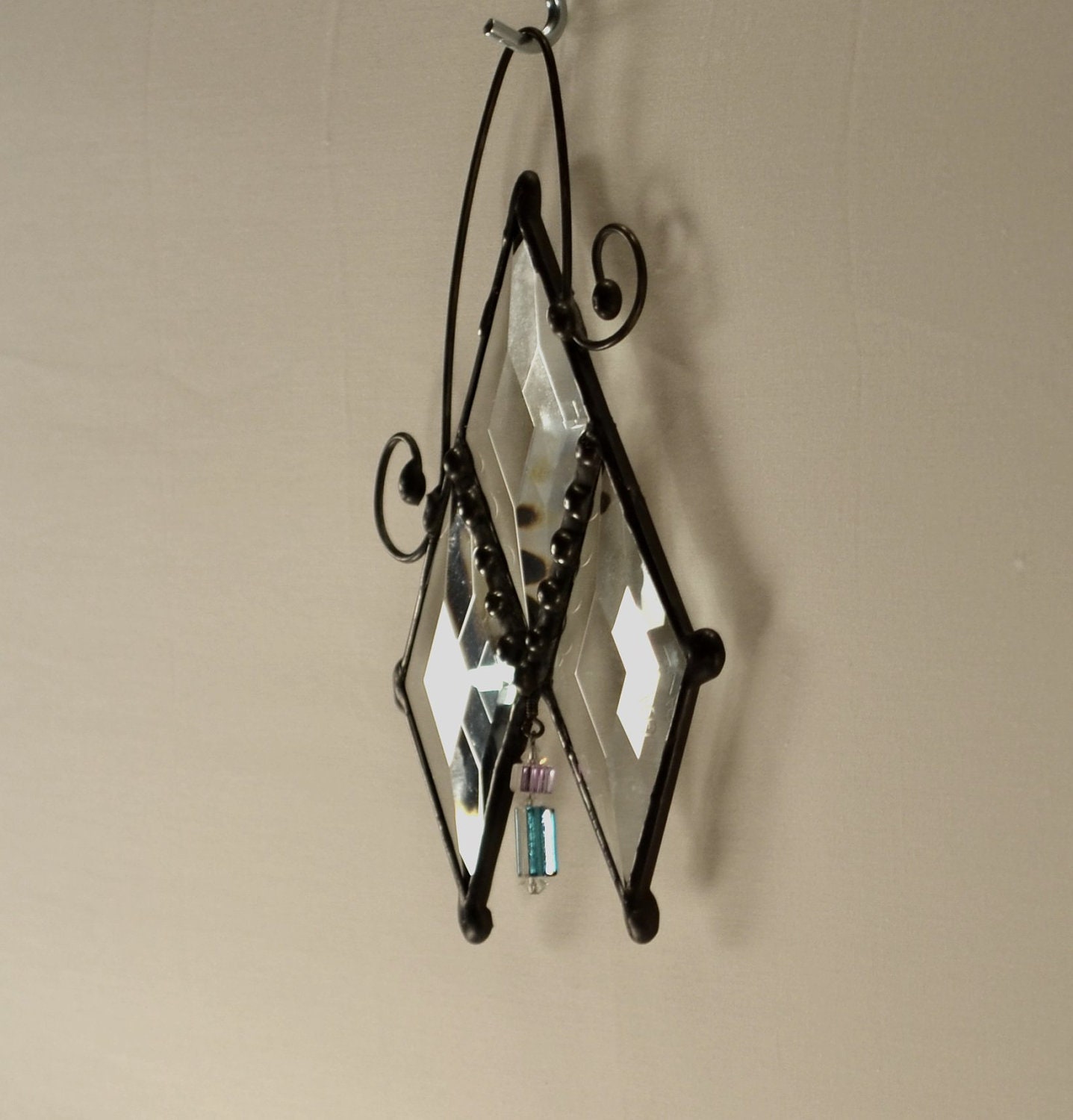 Beveled Suncatcher with Aqua and Lavender Crystal Pendent Free Shipping