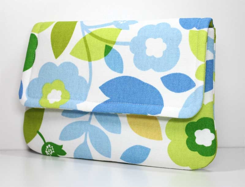 Clutch - Blue, Green, Yellow Leaves and Flowers on White Fold Over Purse - Ready to Ship