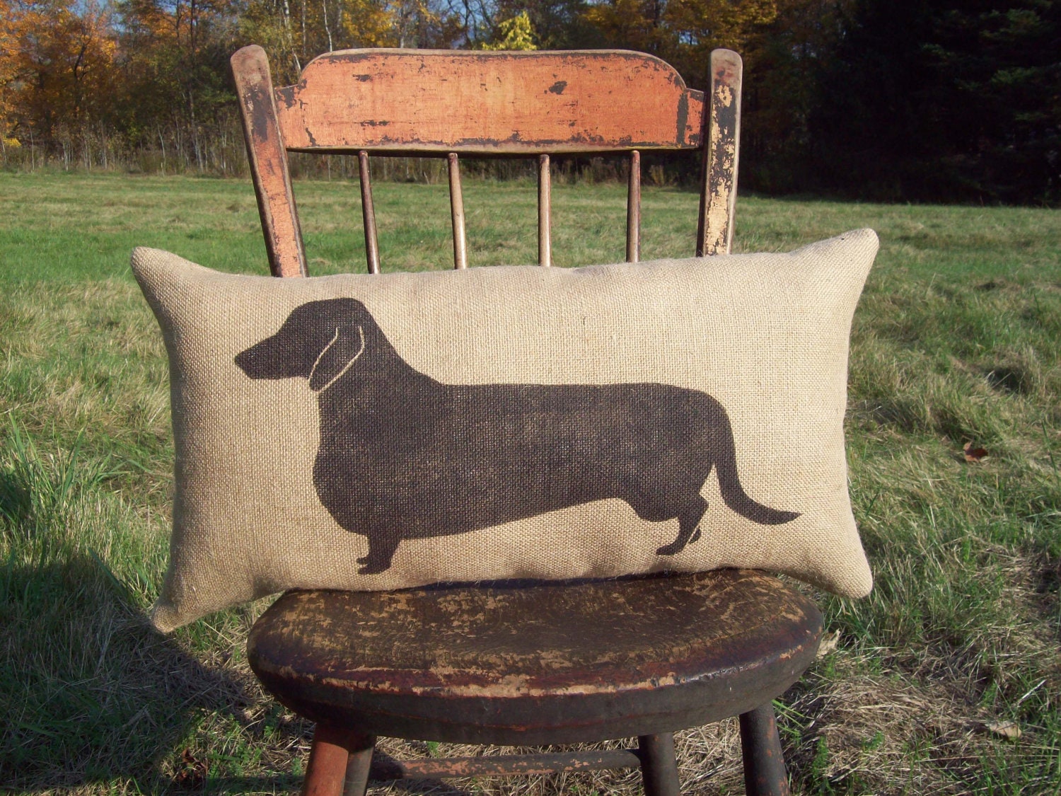 Dachshund Silhouette Decorative Burlap Pillow  by North Country Comforts - Dog Pillow - Burlap Pillow - More Colors Available