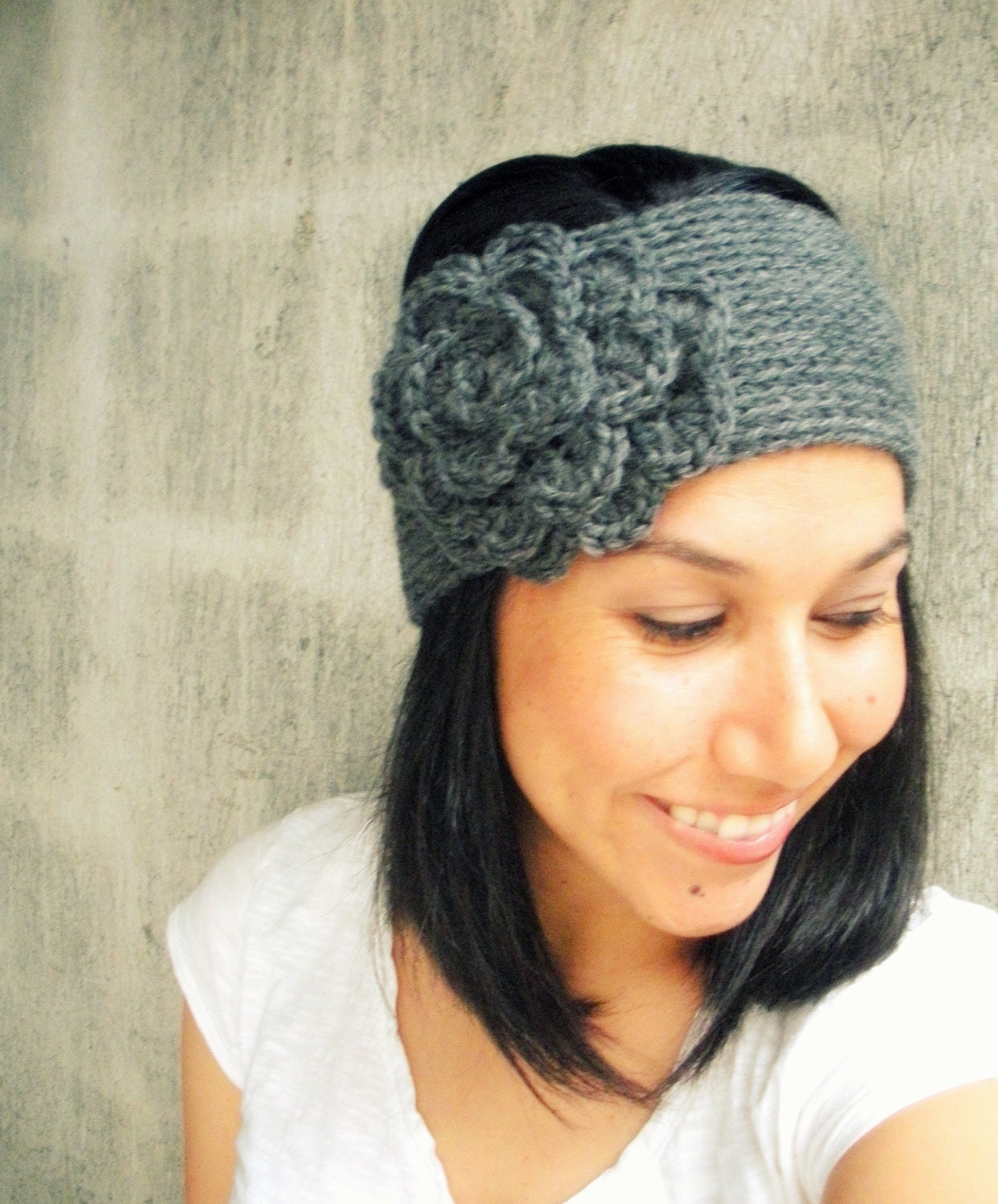Crochet Flower Earwarmer Headband in Grey Mix Wool Winter Fashion Accessory