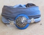 Hand-painted Sapphire Blue Silk Ribbon Whirly Wrap Bracelet with vintage silver floral button