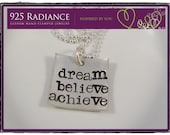 DREAM ACHIEVE SUCEED Square - Sterling Silver Custom Hand Stamped Sqaure Charm Graduation Gift Necklace