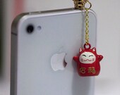 Kawaii RED LUCKY CAT Bell Iphone Earphone Plug/Dust Plug - Cellphone Headphone Handmade Decorations