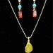 Golden fish bone "fossil" slab, golden ball chain necklace, earrings in tangerine glass and crystal, turquoise howlite:Golden Bone