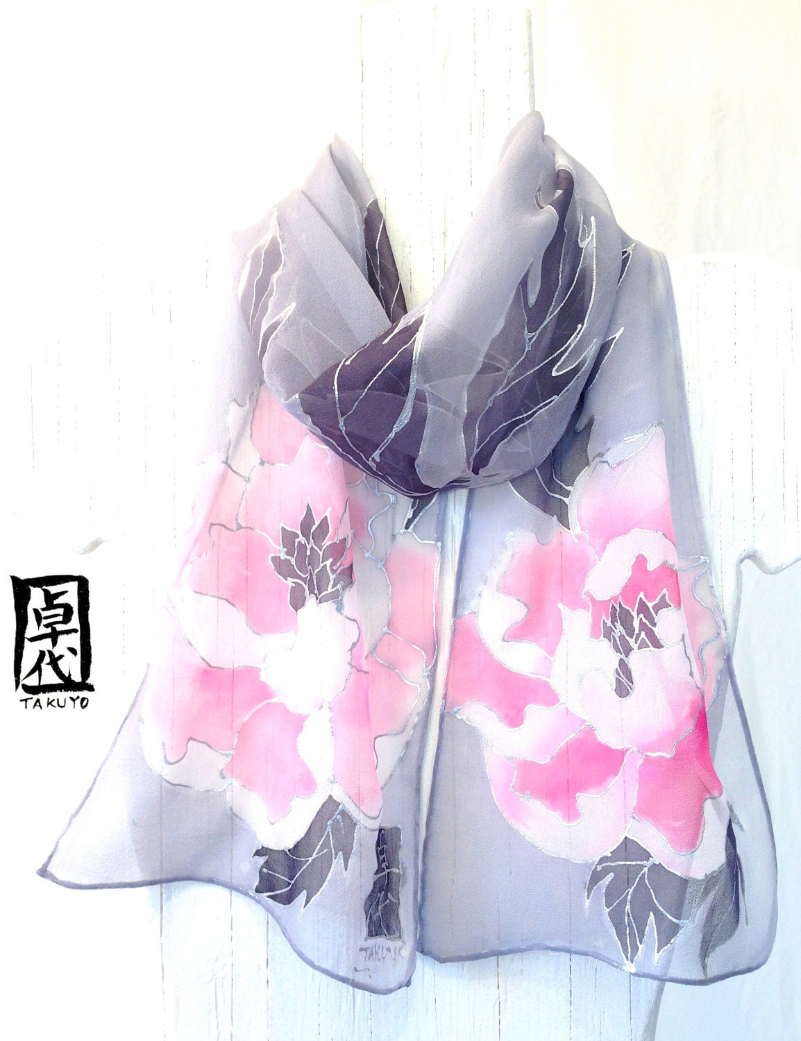Hand Painted Silk Scarf Floral Scarf, Dreamy Peonies. Gray Silk Scarf Japanese. Silk Chiffon Scarf. 7x50 in. Made to order.