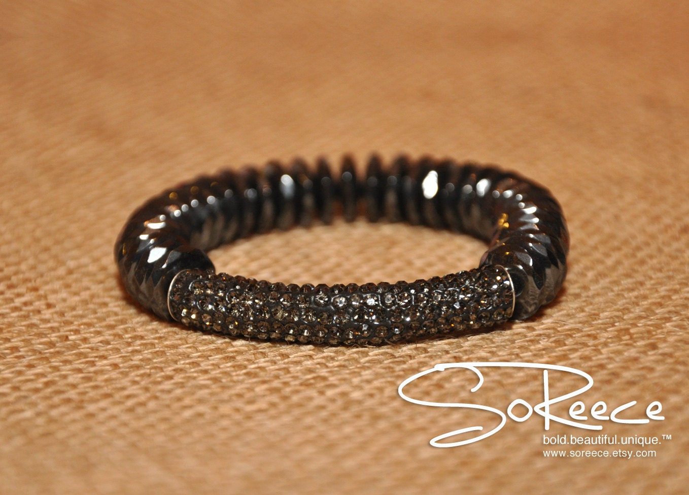 Shades of Grey, GENUINE hematite rondelles and pave style bar, stretch bracelet