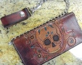 Handmade Tooled Leather Biker Wallet with Sugar Skull and Lilly design
