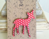Red Dotty Deer Brooch - Paper Overlay Wooden Laser Cut Brooch