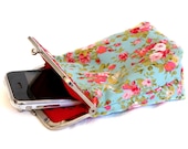 Fabric IPhone 5 Case / Cigarette Case - 5, 4, 4S, 3GS, Large Cell Phone - Mint Green with Red Flowers 100% cotton - Silver Frame