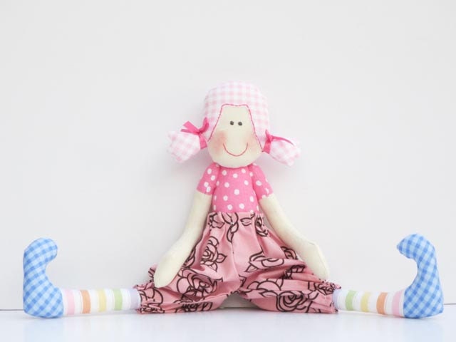 Cloth doll softie, stuffed doll cute textile doll for little girl- handmade child friendly fabric doll pink plushie - gift for girl