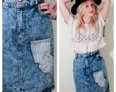 VINTAGE Acid Wash High Waisted DENIM Pencil SKIRT Patchwork xs s