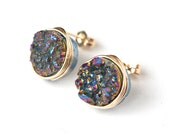 Last minute gift same day shipping Stunning Titanium Mystic Pink Druzy Quartz Stud Earrings Wire Wrapped Post 14k Gold Filled - Gift for Her