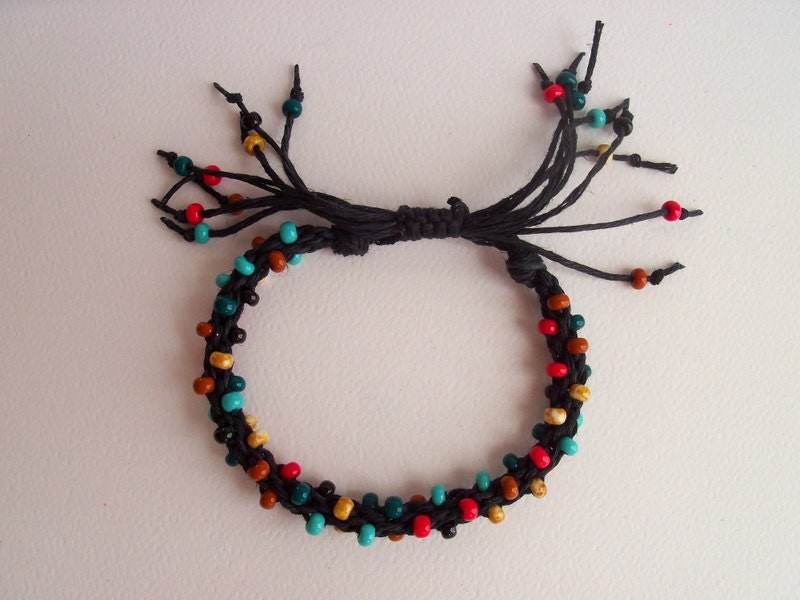 Kumihimo Beaded Bracelet, Hemp and Bead Bracelet, Adjustable, Cherokee