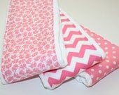 Baby Burp Cloths - Set of 3 - Little Elephants, Pink Chevron, and Polka Dot
