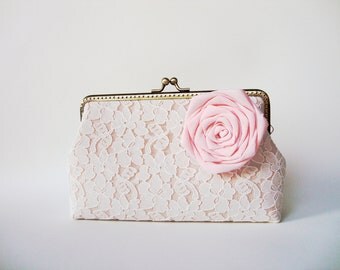 Vintage bridal Inspired clutch - White Lace Clutch with Detachable Silk Flower Brooch (Choose your color) / rustic shabby chic wedding