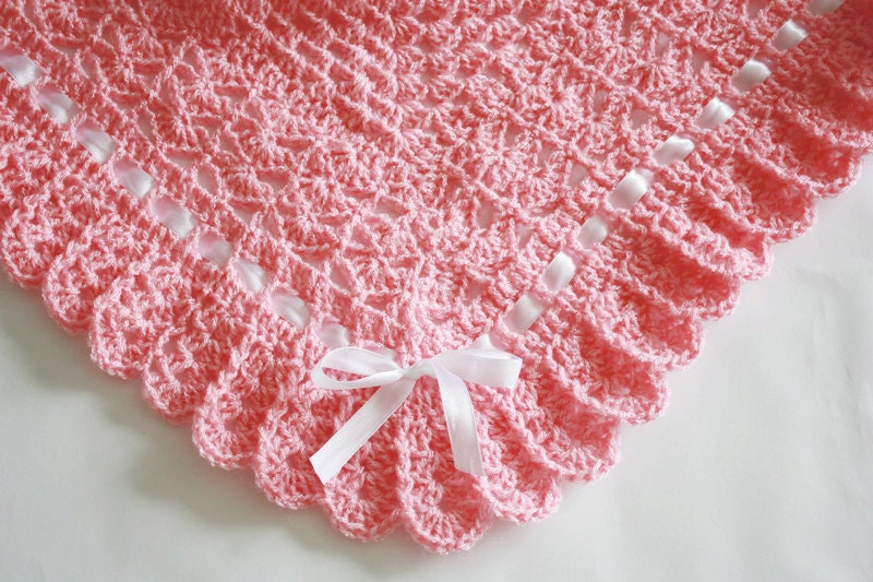 Crochet Baby Blanket / Afghan Christening, Baptism, Baby Granny Square Crochet Blanket Pink White