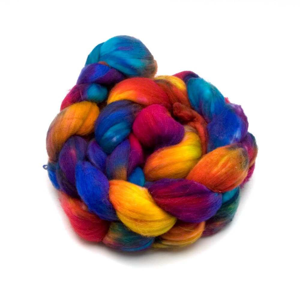 Hand-dyed Combed Top (Roving) Spinning Faux, Fake, Vegan Cashmere Fiber - "Butterfly Haven" 4 ounces