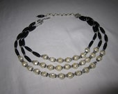 Hobe' Triple Strand Necklace Elegant Black & White Glass Bead - Dazzling Beauty 1940's Designer to the Stars