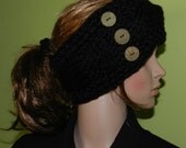 Hand Knitted Cable Extra Chunky Ears Warmer, Bulky Headwarmer, Headband, Headwrap with 3  Buttons on the side in rich Black - Christmas Gift
