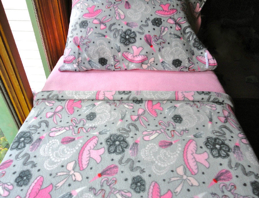 Childrens Fleece Bed Set  'Pink Ballerina' for Girls Handmade Fleece Sheets Fits Crib and Toddler Beds