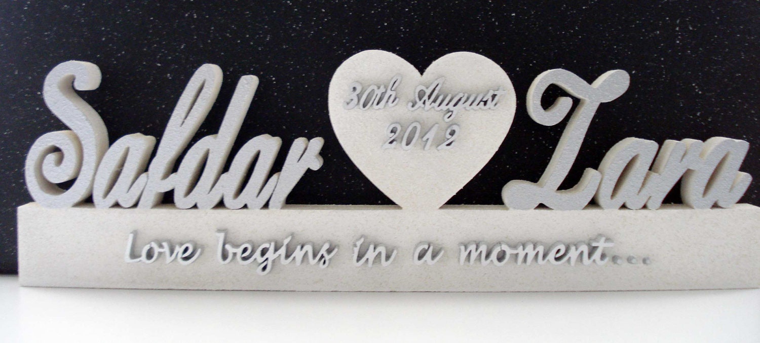 Mr & Mrs Wedding Name Letters - Dated Love Heart Plaque Custom Wording on Plinth