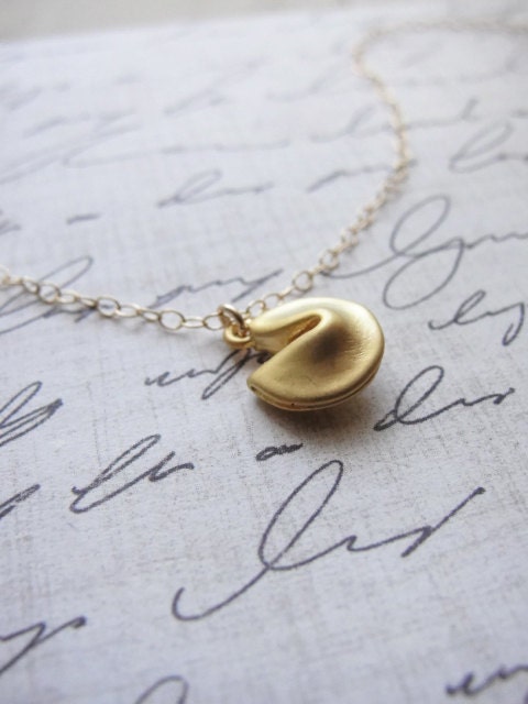 Gold fortune cookie necklace - fortune cookie on gold filled necklace