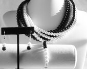 Black Obsidian White Pearl Torsade Bridesmaied Jewelry Set - Pearl Statement Bridesmaid Jewelry- Black Wedding Jewelry - Necklace,
