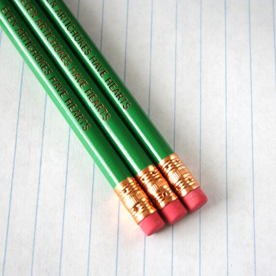 even artichokes have hearts three 3 pencils in green. Hilarious pencils for veggie lovers and deadpan snarkers everywhere.
