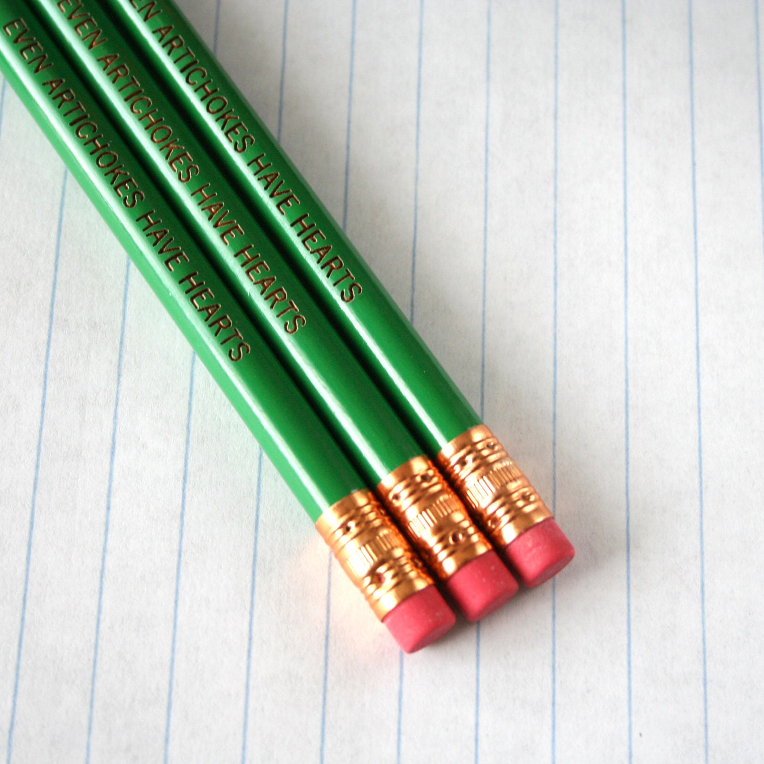 even artichokes have hearts three 3 pencils in green. Hilarious pencils for veggie lovers and deadpan snarkers everywhere.