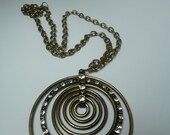 Vintage Brass Hoop Crystal Pendant Necklace / Gold Hoop Necklace with crystals/ Retro Necklace