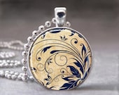 Blue French Swirl, Altered Art Glass Dome Photo Pendant Necklace - no. 015-6