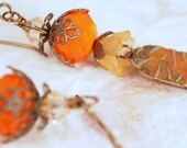 Orange Victorian Style Earrings,  Brass, Lucite, Swarovski Crystals and Glass Dangle Pierced Earrings. OOAK