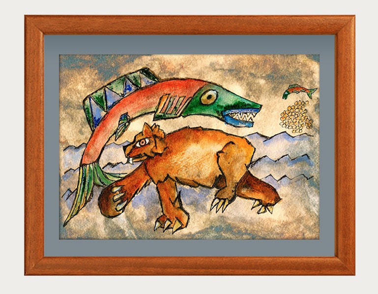 8x11" Grizzly Bear and Sockeye Salmon Rock Art, Original Watercolour Print