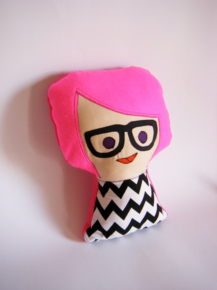 Plush Doll - Soft stuffed toy or cushion - "Nerdy Nadine" - black and white chevrons - pink - retro doll