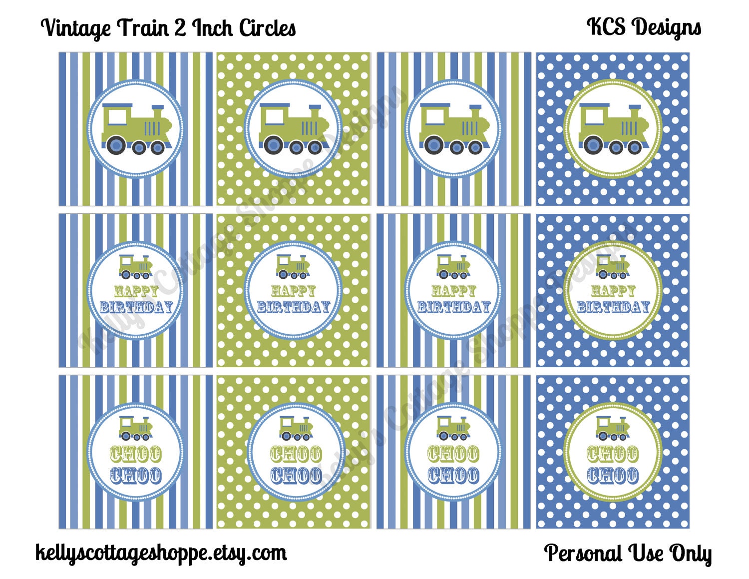 Instant Download, Printable Vintage Train 2 Inch Party Circles, Blue/Green...Cupcake Toppers, Favor Tags Il_570xn