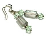 Light Green Furnace Glass Dangle Earrings, Cane Glass and Swarovski Crystals