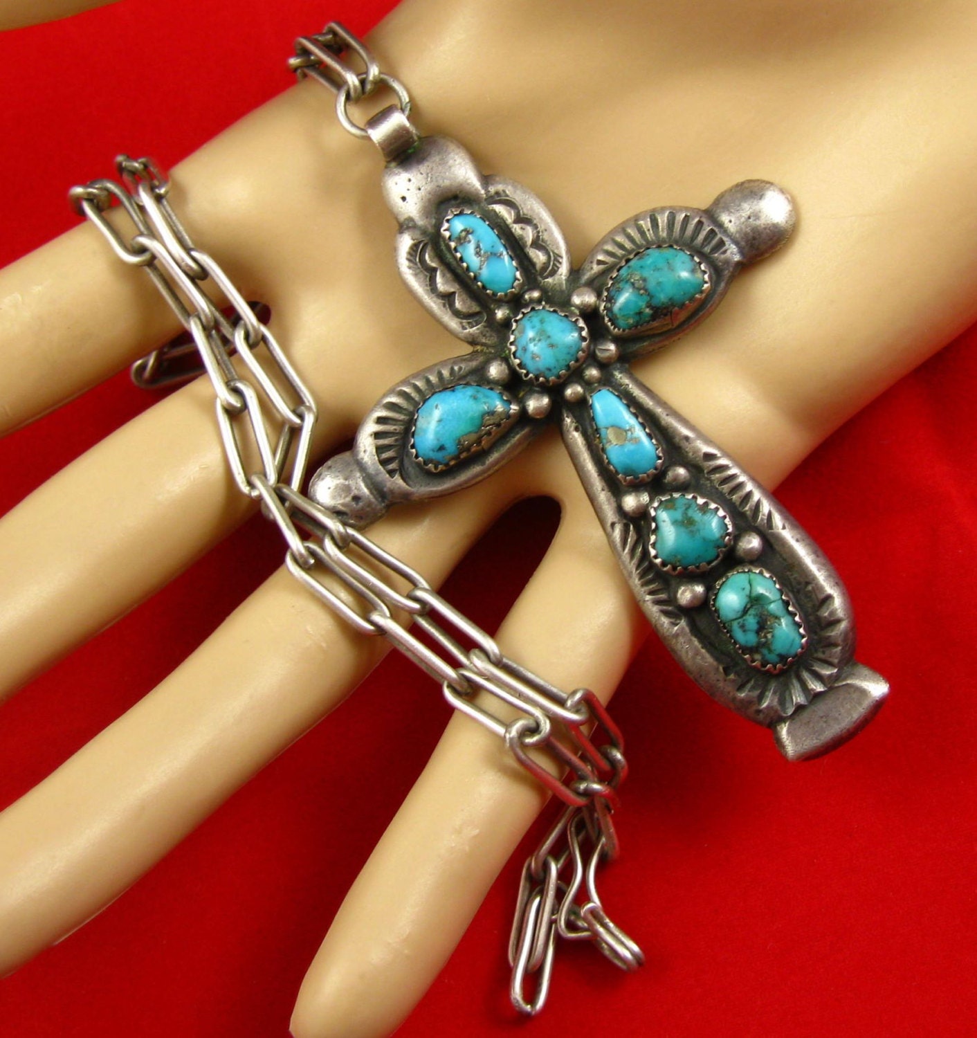 Old Pawn Cast Sterling Turquoise Cross Original Hand Made Chain Horace Iule