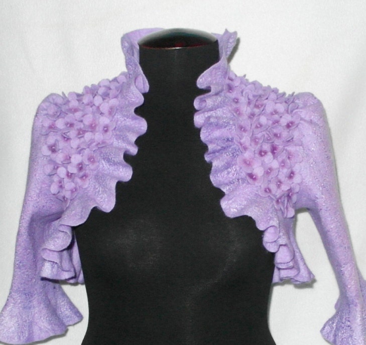 Wedding-Bridal Bolero, Shrug, little Jacket -Nuno felted,Darkorchid color and luster of pearls. Wool and silk. Shimmer pearls.LILAC.SYRINGA