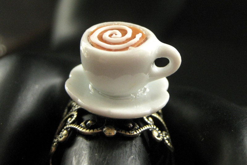 Spiral Latte Ring. White Teacup Ring. Creamed Coffee Ring with Spiral Topping. Bronze Adjustable Ring. Handmade Jewelry.