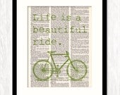 Life is a BEAUTIFUL RIDE Bicycle in GREEN Art Print Typography Mixed Media Bike Art Dictionary Art Print Inspirational Quote