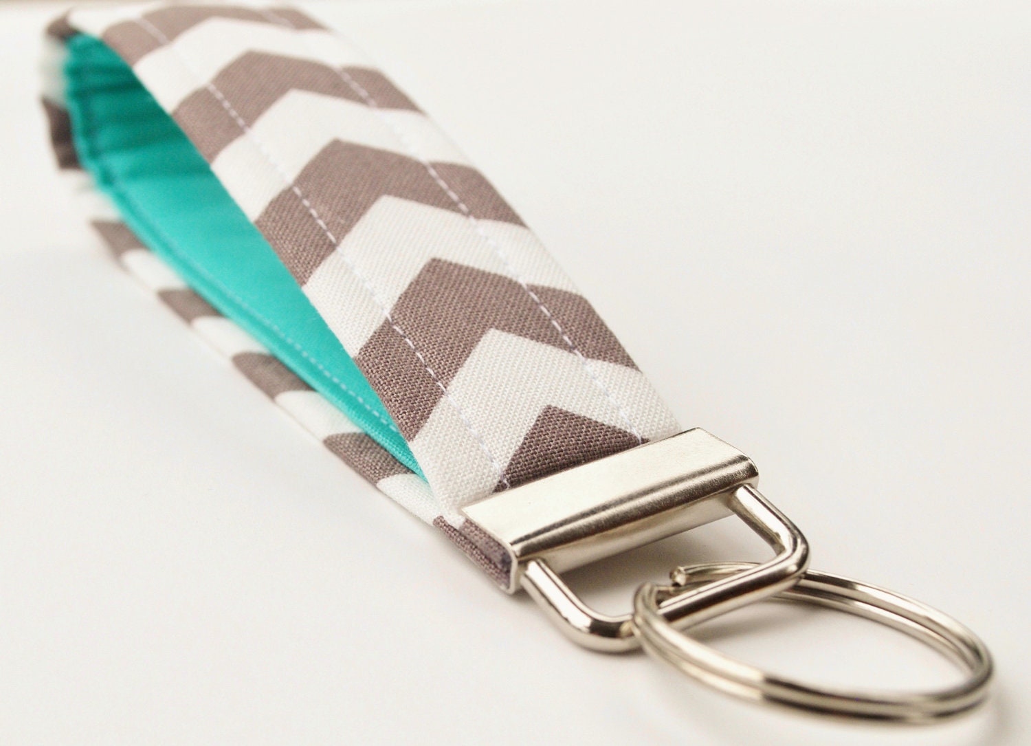 Handmade Chevron Key Chain, Fabric Key Fob, Key Strap -  Smokey Grey and Teal