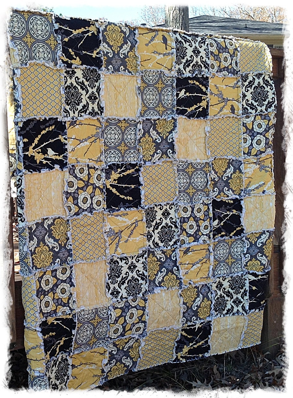 Rag Quilt - Queen Size - Mustard Yellow and Gray Aviary 2 Modern Handmade Bedding