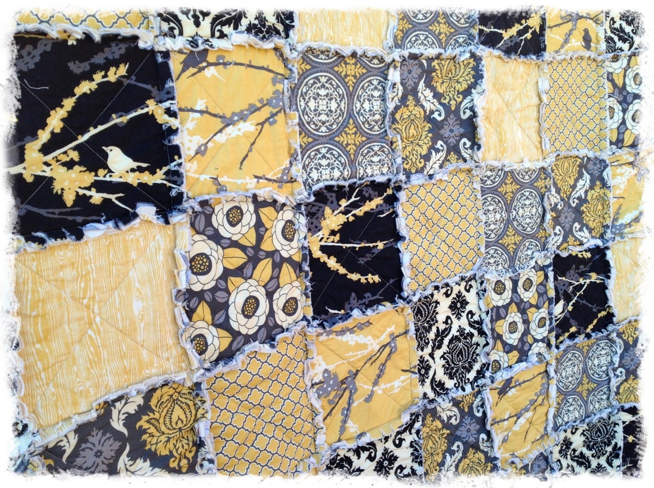 Rag Quilt - Queen Size - Mustard Yellow and Gray Aviary 2 Modern Handmade Bedding