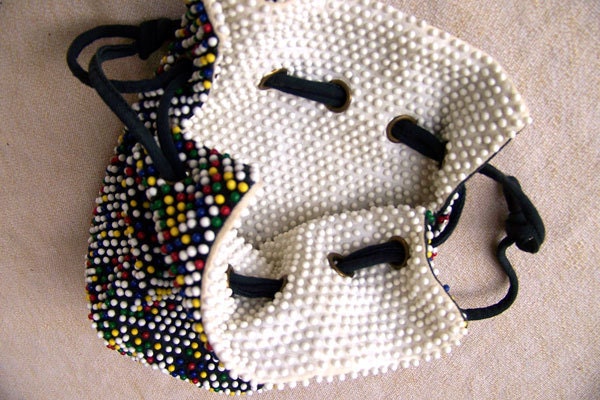 Vintage beaded purse multi color plastic beads REVERSIBLE with white beads