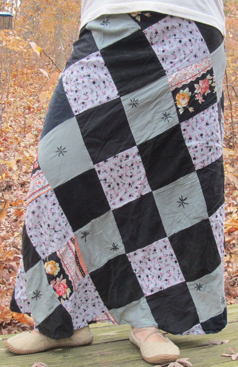 Vintage Blue corduroy and cotton long diagonal patchwork skirt