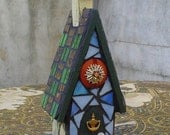 Stained Glass and Vintage Button Mosaic Birdhouse with Steeple and Matching Mosaic Mini Birdhouse Multi Media Medium