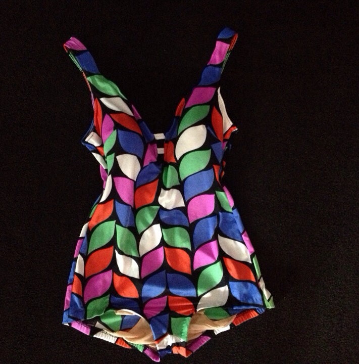 60s 70s Sears Sea Stars Mod Multi Color Leaf One Piece Swimsuit Bombshell Pin Up XS