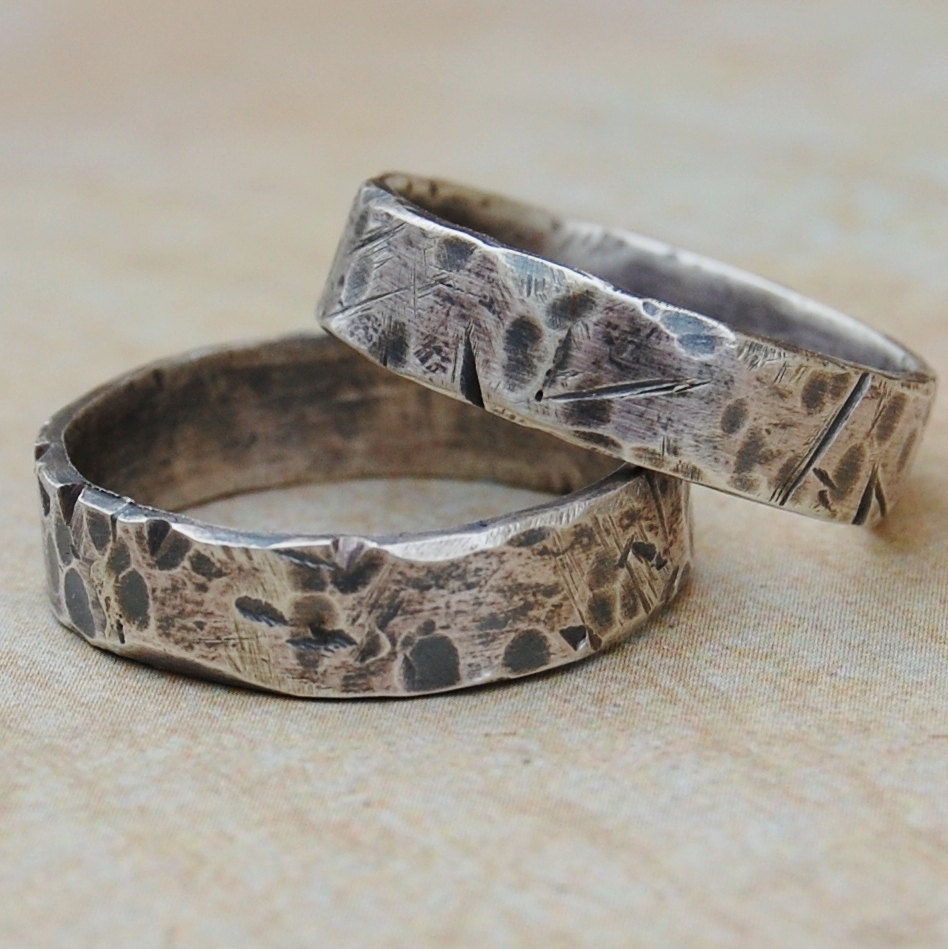 Love Weathers Any Storm - Pair Of Sterling Silver Ring Bands  - Recycled Eco Friendly - 5mm - Hand Forged - Custom Sizes