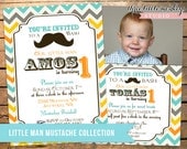 Vintage Little Man Mustache Birthday Invitation - Orange Multi